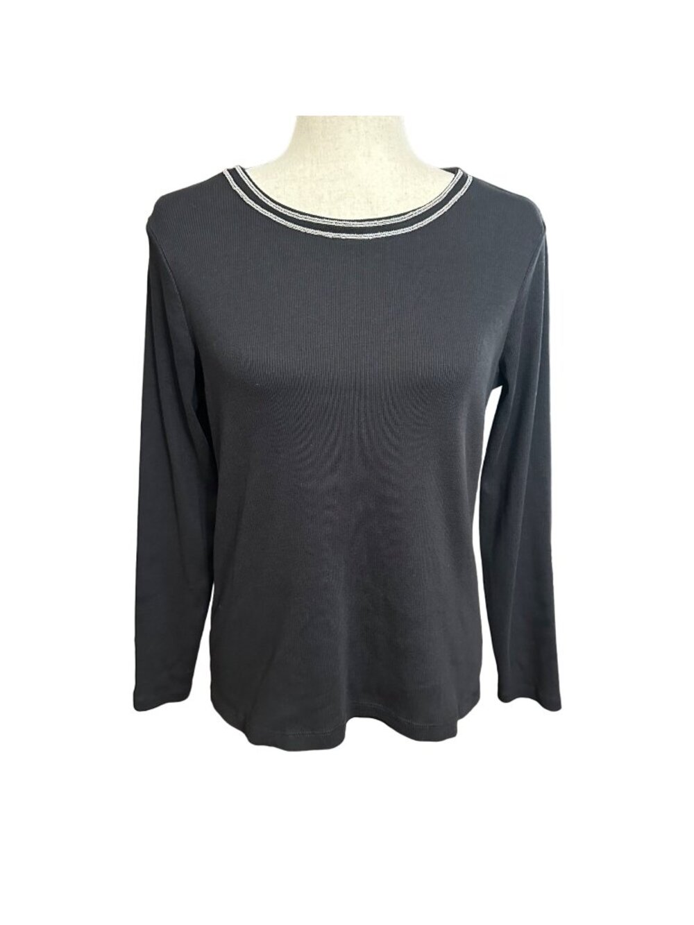 Chico's Shirt Size 1 M Black Ribbed Beaded Neckline Long Sleeve Minimalist